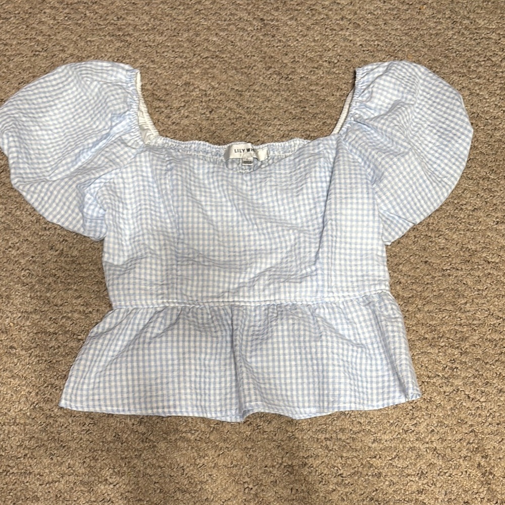 Blue and White Puff Sleeve Crop Blouse